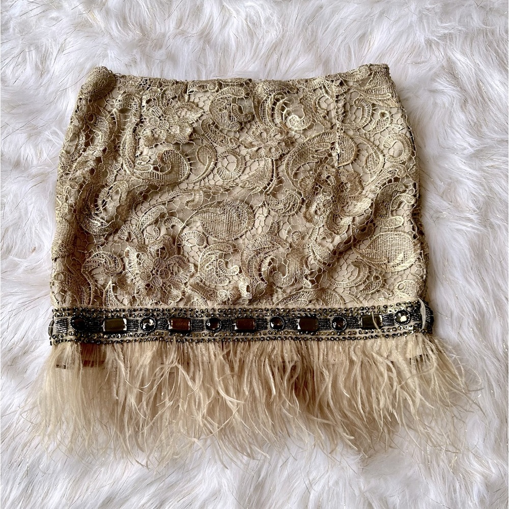 NWOT - LUXE Faux Feather Trim Lace Mini Skirt